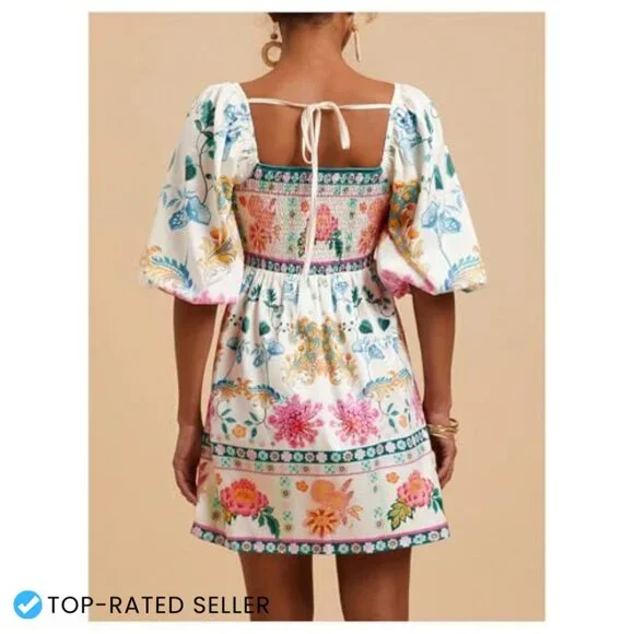 Floral Print Square Neck Puff Sleeve A-Line Boho Summer Dress